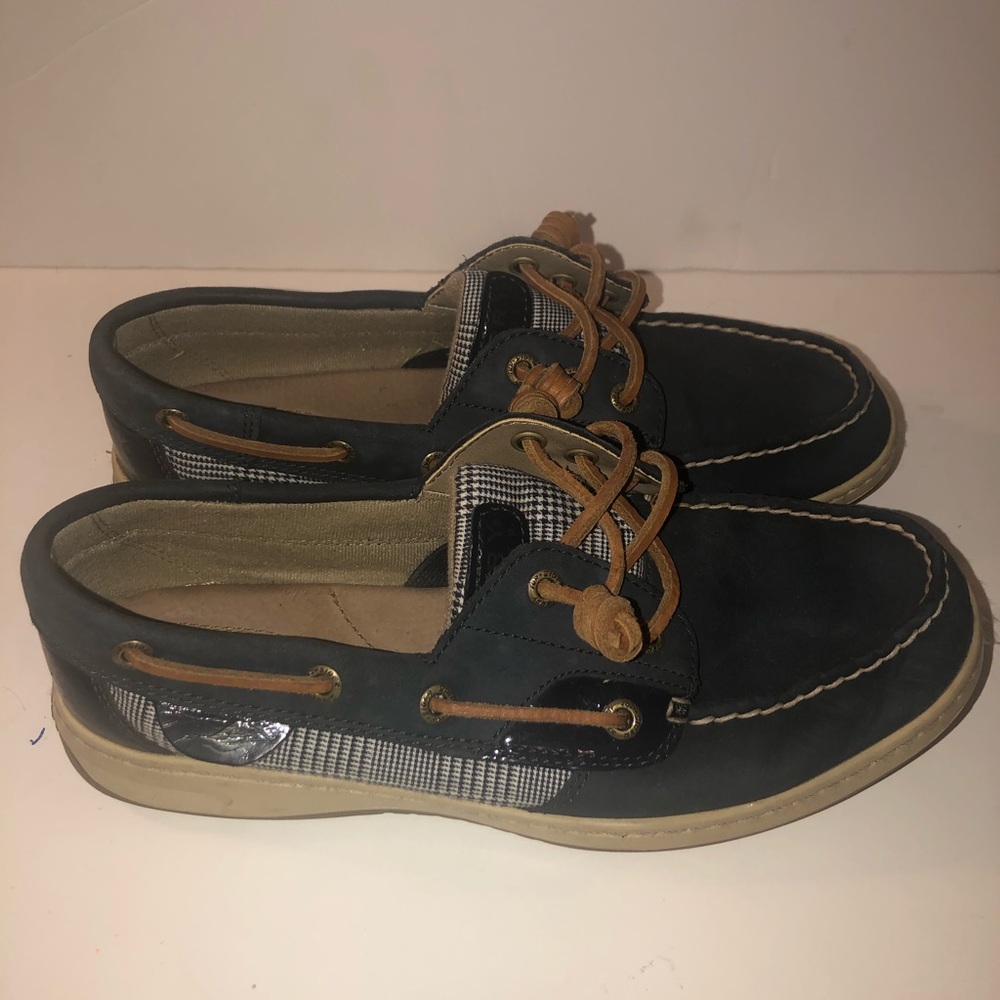 Navy blue and white Sperry high tops